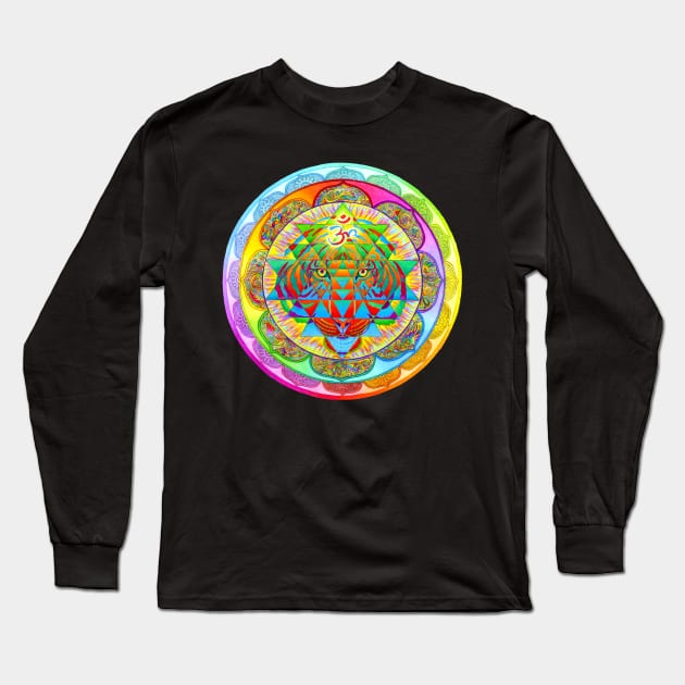 Inner Strength Psychedelic Tiger Sri Yantra Mandala Long Sleeve T-Shirt by rebeccawangart